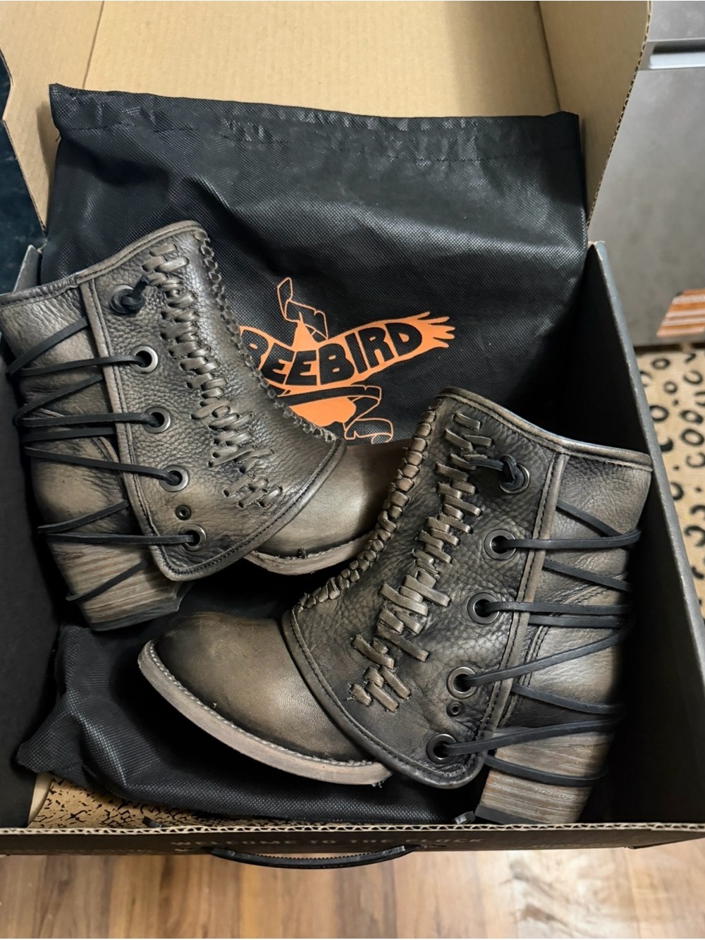 Freebird by Steven Women's Distressed Leather Black/Brown Lace-Up Ankle Booties